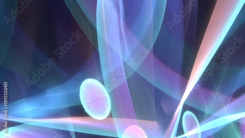 Beautifully rendered abstract light beams and ethereal transparent circles creating a soft, flowing, and futuristic visual in glowing purple, pink, and blue.