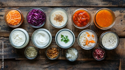 owls of assorted fermented foods with yogurt — kimchi, sauerkraut, fermented carrots, beets, pickled cucumbers, radish, onions, garlic, peppers. Top-down view, vibrant, rustic, natural light, close-up