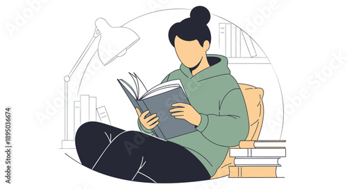 Woman relaxing reading a book indoors with books and a lamp