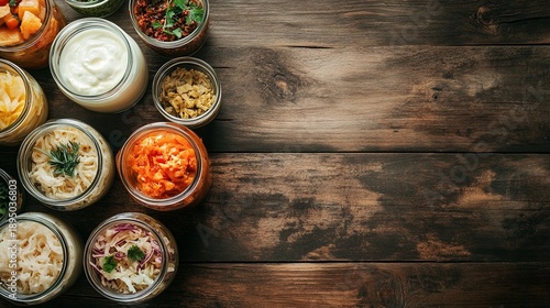 owls of assorted fermented foods with yogurt — kimchi, sauerkraut, fermented carrots, beets, pickled cucumbers, radish, onions, garlic, peppers. Top-down view, vibrant, rustic, natural light, close-up