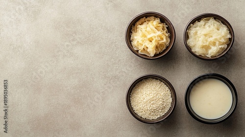 owls of assorted fermented foods with yogurt — kimchi, sauerkraut, fermented carrots, beets, pickled cucumbers, radish, onions, garlic, peppers. Top-down view, vibrant, rustic, natural light, close-up