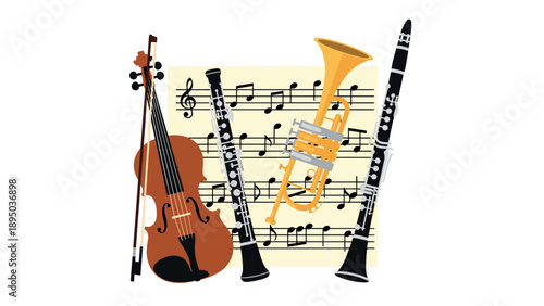 Classical music ensemble with violin, trumpet, and clarinets in front of sheet music