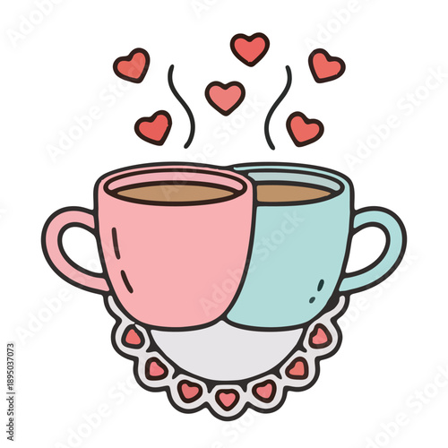 Couple coffee cups with heart steam for coffee cups morning date and cafe coffee cups branding, vector illustration.