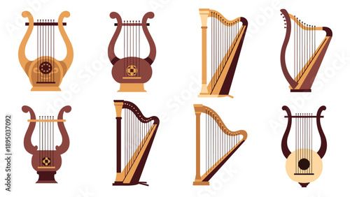 Flat design collection of harp and lyre musical instruments