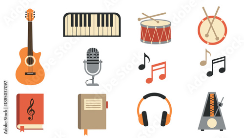 Set of musical instruments and accessories in flat style