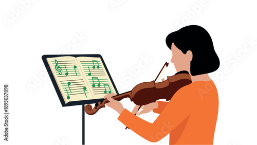 Woman playing violin with music stand in minimalist design