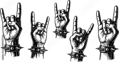 illustration depicts a hand making the "rock on" or "horns" hand gesture. hand drawn.