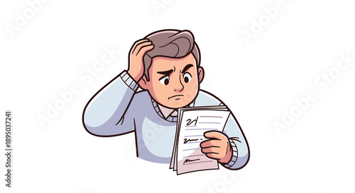 Man stressed holding papers confused about finances and documents