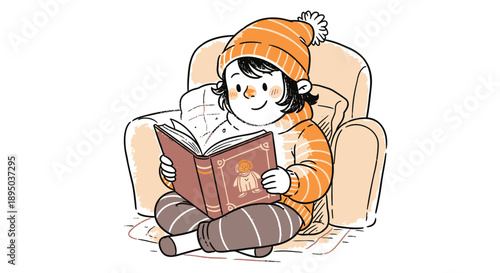 Cute child in orange hat reading book sitting on cozy armchair indoors