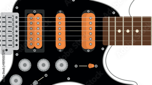 Electric guitar close-up with orange pickups and black body