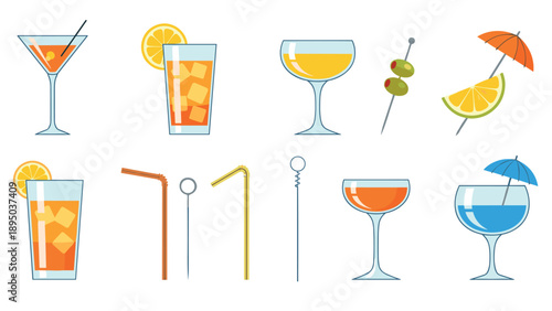 Colorful cocktail drinks with garnishes and straws in flat design