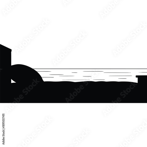 Black and White Silhouette of a Classic Steam Locomotive Traveling on Railway Tracks, Vintage Design with Steam