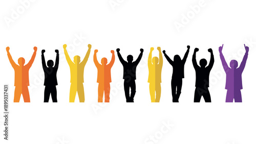 Colorful silhouette figures celebrating with raised hands
