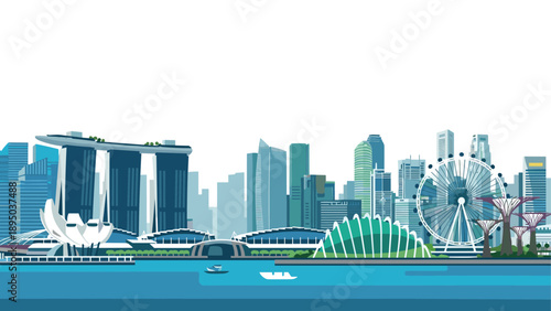 Colorful modern cityscape with iconic landmarks and waterfront