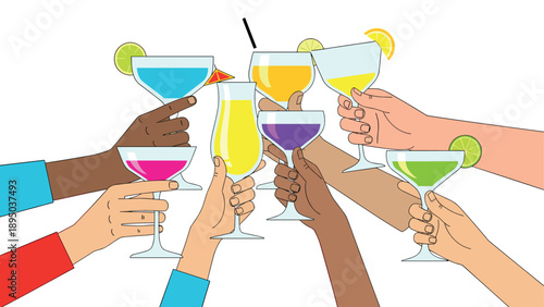 Diverse hands raising colorful cocktail glasses in celebration