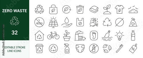 Zero Waste Line Icon Set. Recycling, Reuse, Reduce, Eco Friendly, Sustainability, and Green Living Icons.
