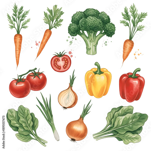 Set of fresh vegetables on white background including tomato onion pepper cucumber carrot cabbage and broccoli