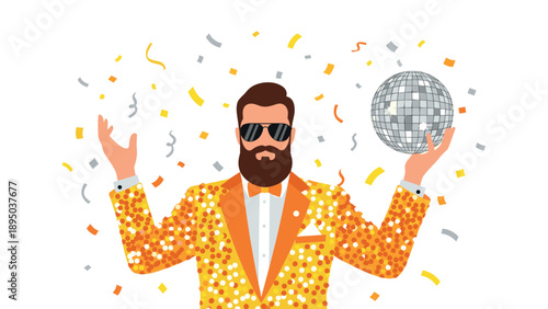 Party celebration with chic bearded man in golden sequin jacket and disco ball