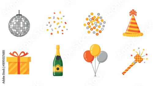 Festive party icons with disco ball, confetti, and champagne