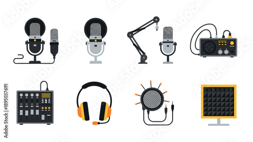 Retro audio equipment icons set with microphones, mixer, and headphones