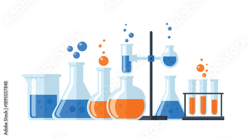 Colorful laboratory equipment with chemistry glassware and bubbling liquids in flat design
