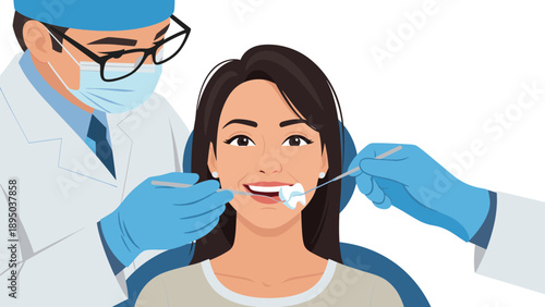 Dentist visit: smiling woman receiving dental care in modern clinic