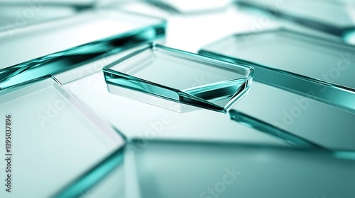 Clear glass sheets with beveled edges arranged in a geometric, abstract pattern on a reflective surface.
