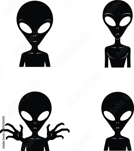 Alien Silhouette Icons Set. Extraterrestrial Grey Lifeform Vector Illustration with Creepy Hands and Spooky Expressions for Sci-Fi and Horror Designs.