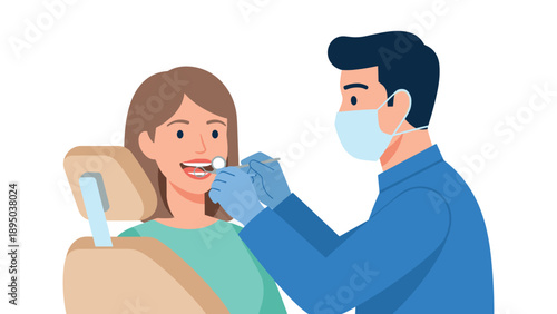 Dentist treats patient in clinic setting with oral hygiene focus in flat design