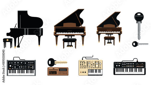 Flat musical instruments and keys collection with pianos and keyboards