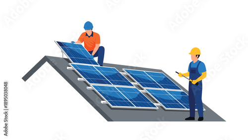 Installing solar panels: workers on rooftop in flat design for renewable energy projects