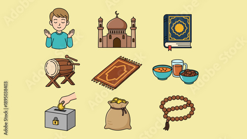 A collection of Islamic cultural symbols including a mosque, prayer mat, and traditional items arranged in a grid layout