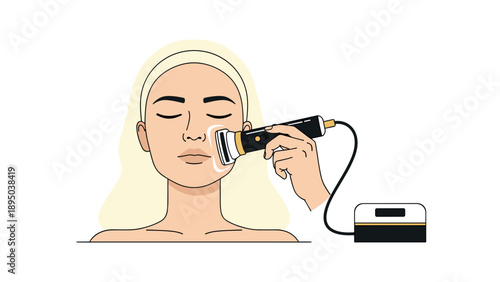 Woman receiving beauty treatment with handheld facial device in modern spa setting