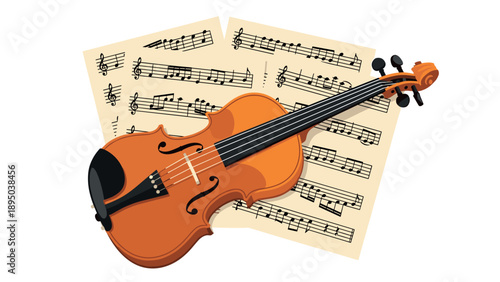 Classical violin and sheet music on white background
