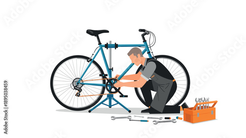 Cyclist repairing bicycle on stand in workshop setting with tools