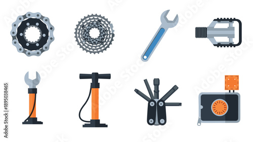 Bicycle repair tools and parts set in flat design for cycling enthusiasts