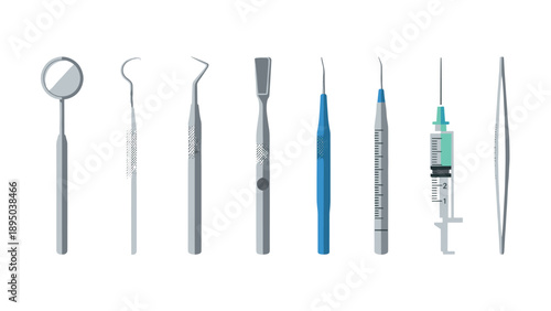 Dental tools collection: flat style instruments including mirror, probe, syringe, and tweezers