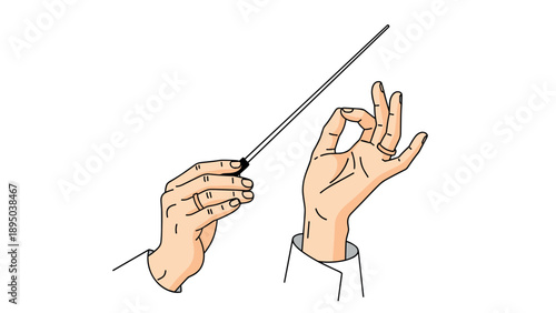 Conductor hands gesturing with baton on white background in linear style