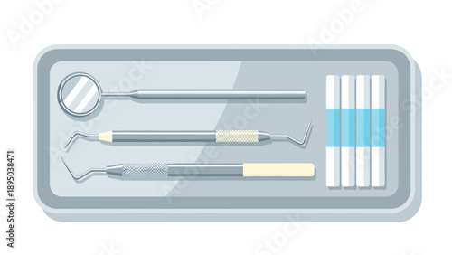 Dental tools tray with mirror and probes in flat design