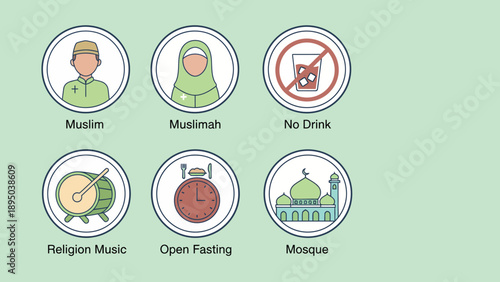 Illustration of Muslim man and woman with religious symbols during Ramadan, mosque scene, fasting concept
