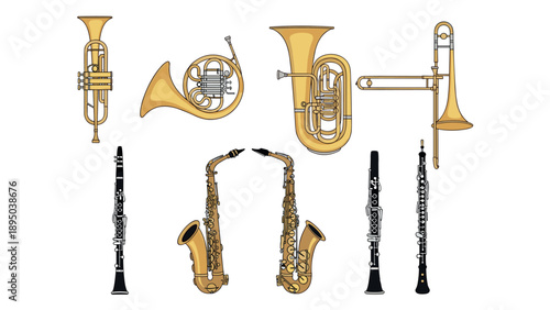 Collection of musical instruments featuring brass and woodwind designs in colorful style