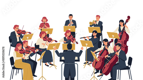 Orchestra ensemble performing with conductor and musical instruments