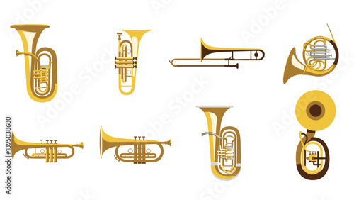 Collection of brass instruments in flat design: trumpets, trombones, tubas