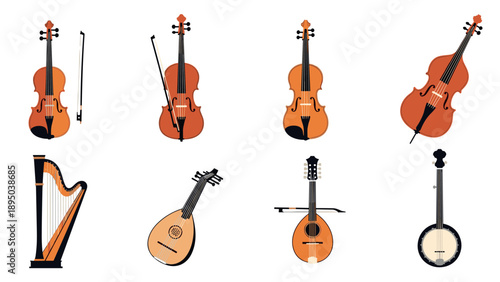 Collection of string instruments: violin, viola, cello, harp, lute, mandolin, banjo