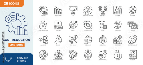 Cost Reduction line editable icon set. Editable stroke. Vector illustration