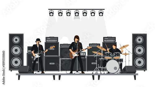 Rock band on stage performing live with instruments and amplifiers