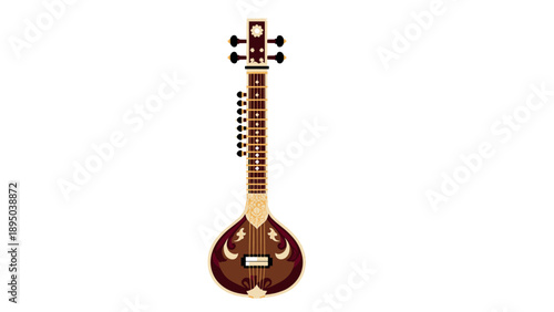 Traditional indian musical instrument sitar on white background