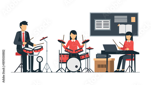 Flat style music classroom scene with students playing drums and piano