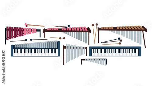 Collection of musical instruments featuring xylophone, marimba, piano, vibraphone, and percussion sticks