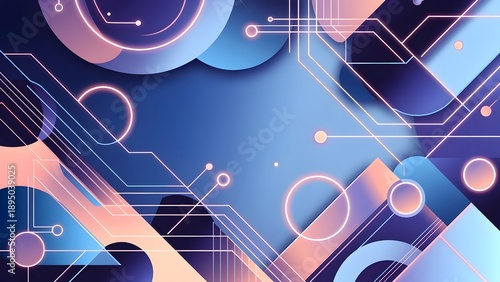 A futuristic geometric abstract background displays interconnected circuit lines, glowing circles, and sharp shapes in a vibrant blue and warm orange-pink palette.